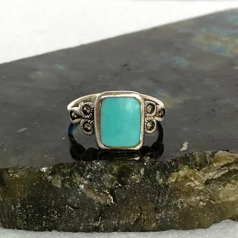 Sterling Silver 925 Rectangular Faux Turquoise Inlay Marcasite Shank Ring Sz 6.5
